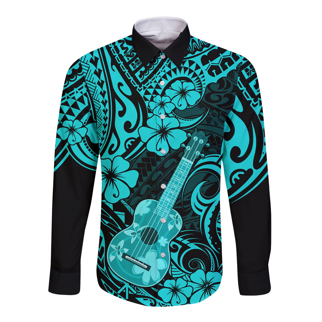Long-sleeve button shirt with turquoise and black guitar floral Polynesian print