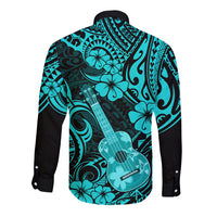 Long-sleeve button shirt back view in turquoise with black guitar and floral print