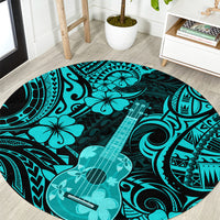 Turquoise Polynesian round area rug with surf guitar and floral motifs