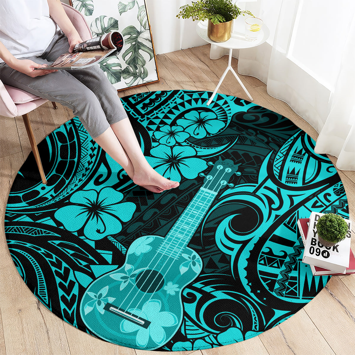 Turquoise round rug with Polynesian guitar, wave swirls, and flower motifs