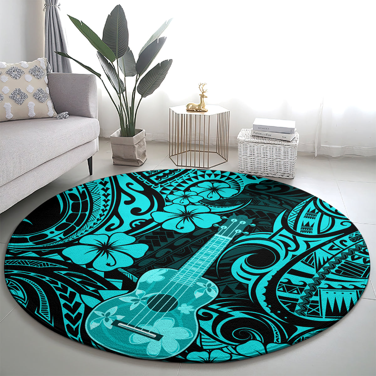 Turquoise Polynesian round rug featuring guitar, flowers, and tiki patterns