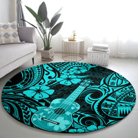 Turquoise Polynesian round rug featuring guitar, flowers, and tiki patterns