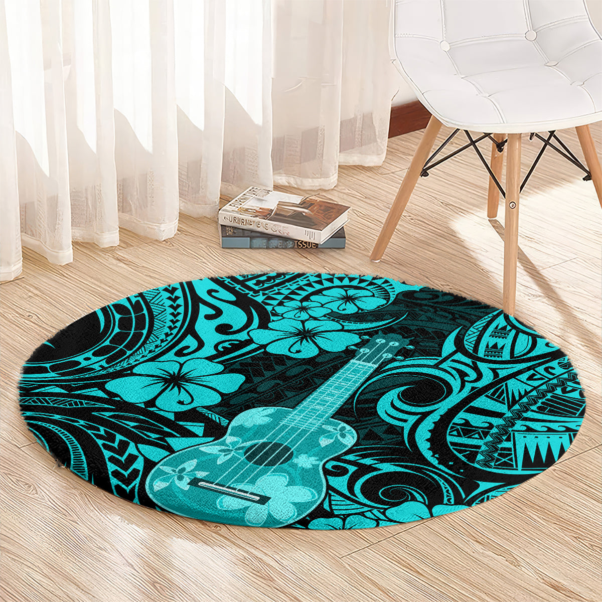 Turquoise round area rug with Polynesian guitar and geometric tiki patterns