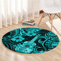 Turquoise round area rug with Polynesian guitar and geometric tiki patterns