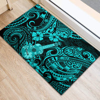 Turquoise Polynesian pattern rubber doormat with guitar graphic and floral motifs