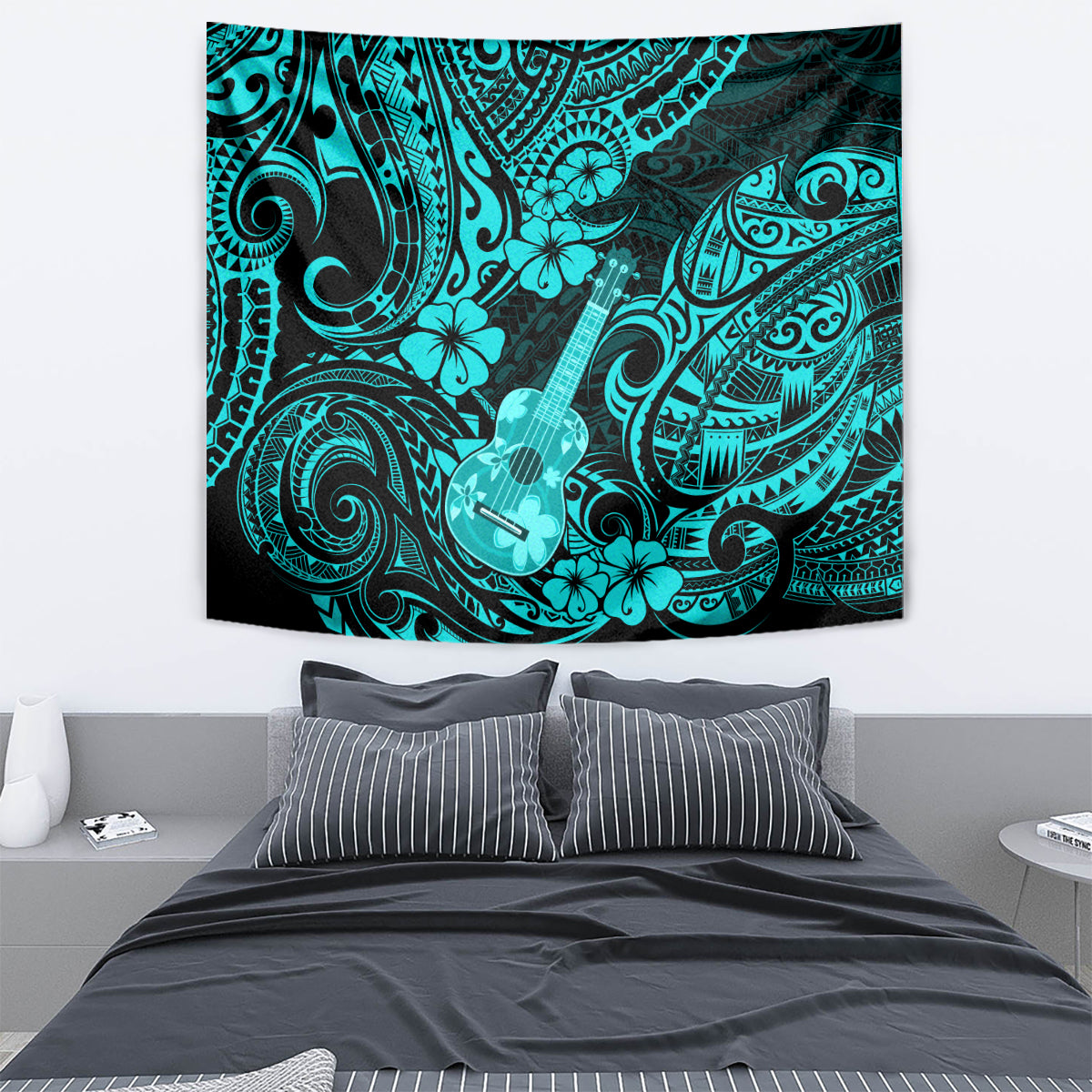 Turquoise Polynesian pattern tapestry featuring ukulele and hibiscus-like flowers