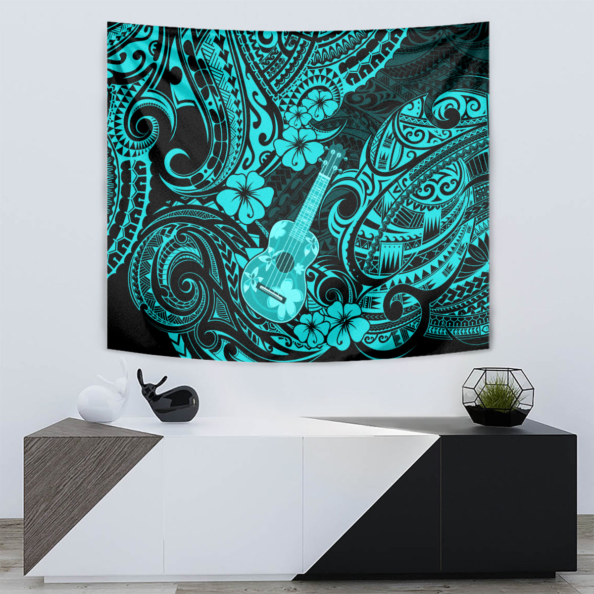 Turquoise Polynesian design tapestry with central ukulele and swirl accents