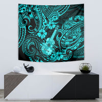Turquoise Polynesian design tapestry with central ukulele and swirl accents