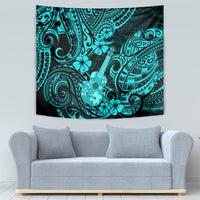 Turquoise Polynesian pattern wall tapestry with ukulele figure and flower details