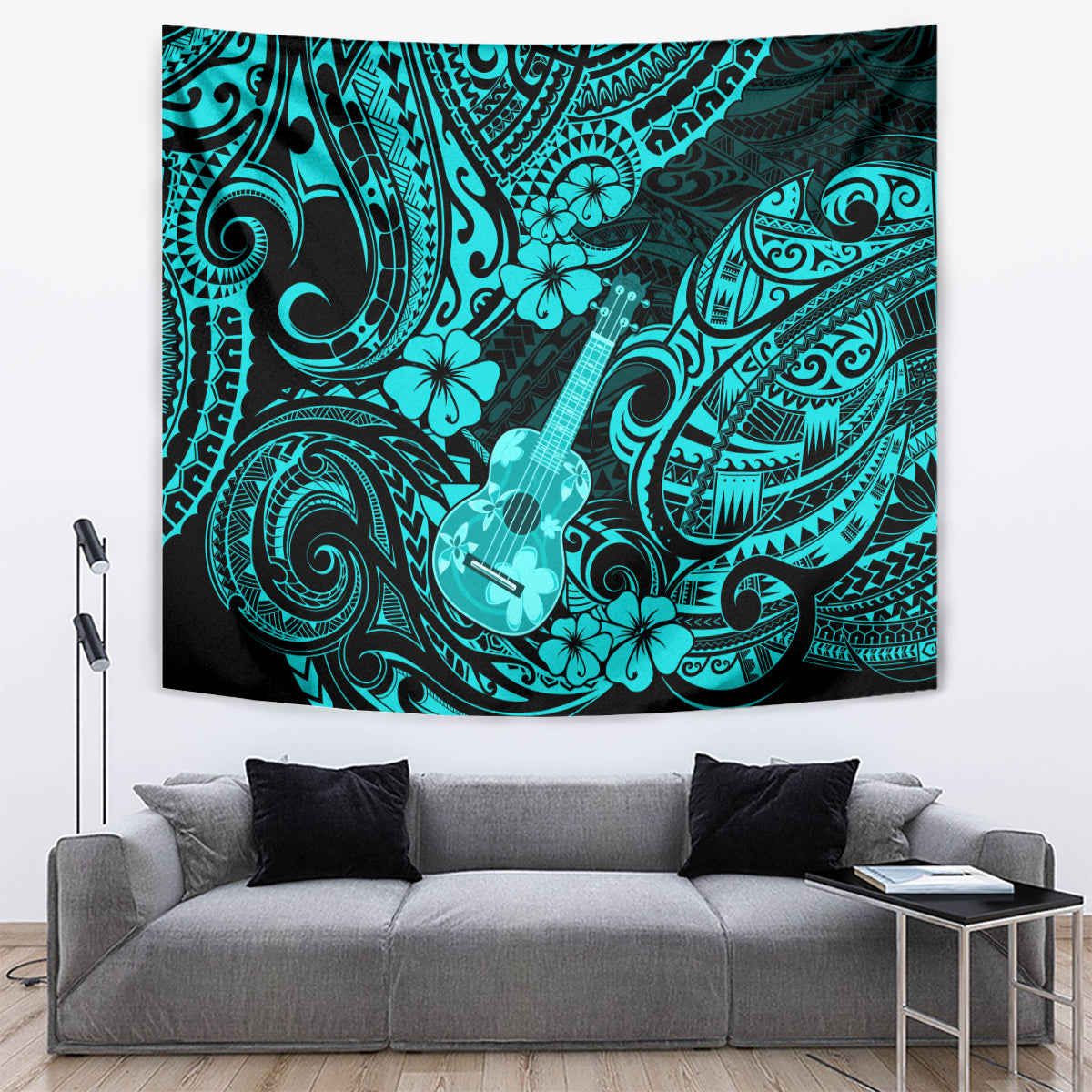 Turquoise Polynesian tapestry with ukulele silhouette amid swirling tribal motifs