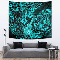Turquoise Polynesian tapestry with ukulele silhouette amid swirling tribal motifs