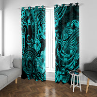 Turquoise Polynesian-pattern window curtain panels with swirling ornaments and flower details