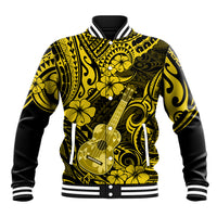Yellow and black Hawaiian baseball jacket with guitar, hibiscus, and tribal print