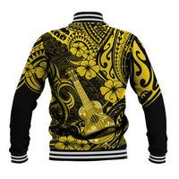 Yellow and black Hawaiian baseball jacket back with guitar, flowers, tribal pattern