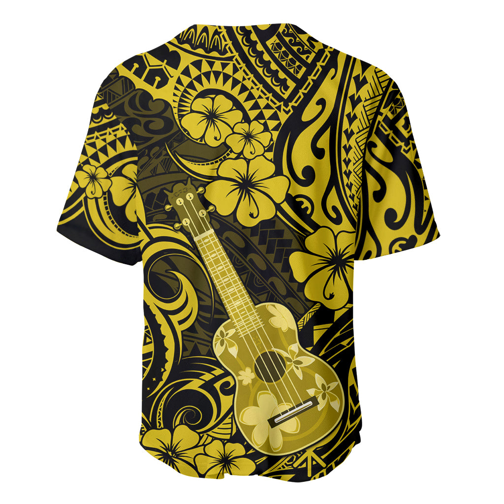 Yellow and black Hawaiian baseball jersey with all-over guitar and tribal floral print