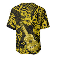 Yellow and black Hawaiian baseball jersey with all-over guitar and tribal floral print