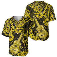 Yellow and black Hawaiian baseball jersey, paired front/back view with guitar hibiscus print