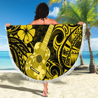 Round fringed beach blanket in yellow and black with floral ukulele graphic