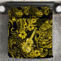 Yellow and black Polynesian bedding set with guitar and floral scroll pattern.