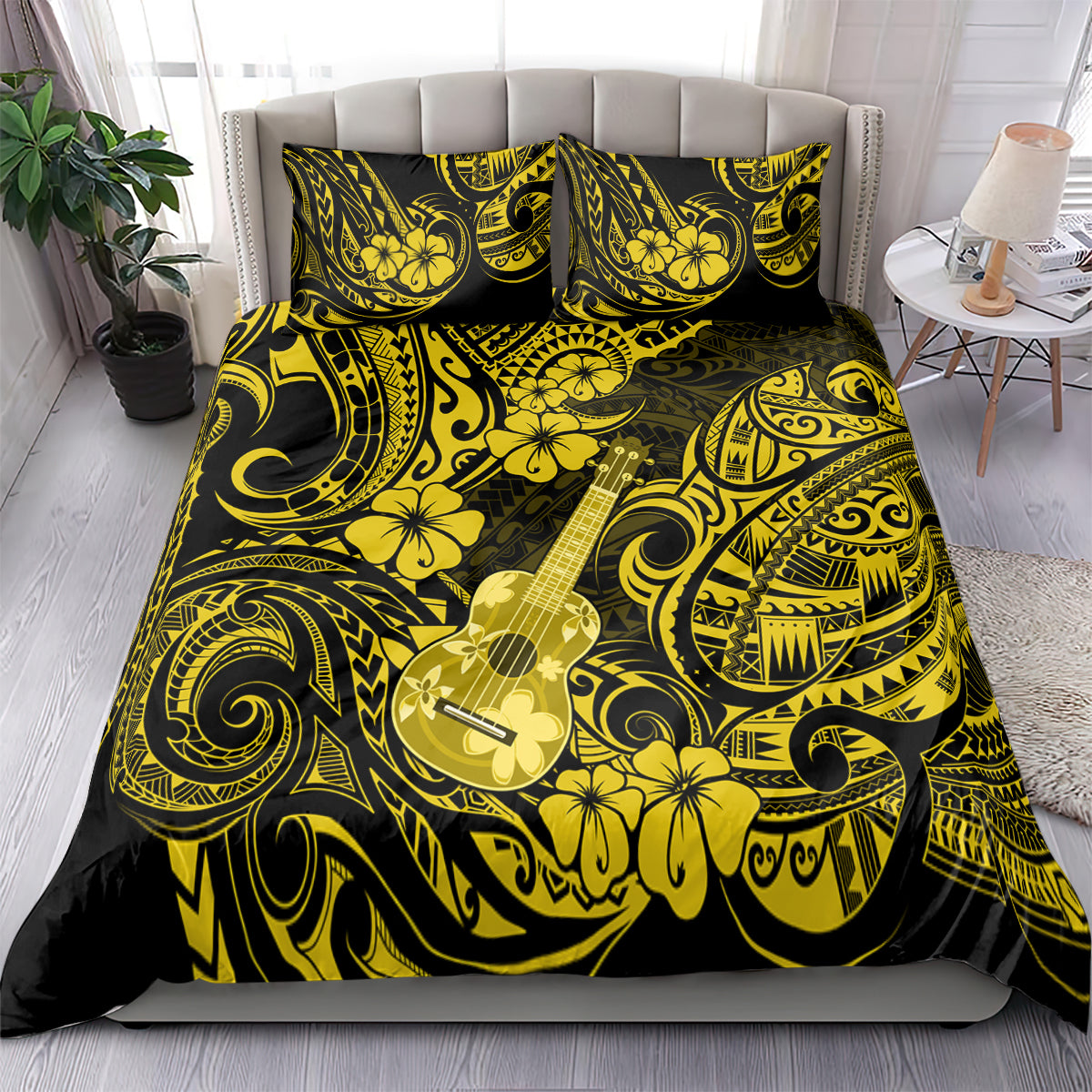 Yellow and black Polynesian bedding set featuring ukulele guitar and floral swirls.