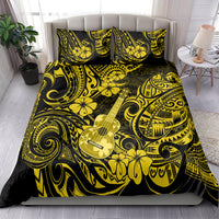 Yellow and black Polynesian bedding set featuring ukulele guitar and floral swirls.