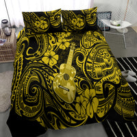 Yellow and black bedding set with central guitar graphic and Polynesian swirl flowers.