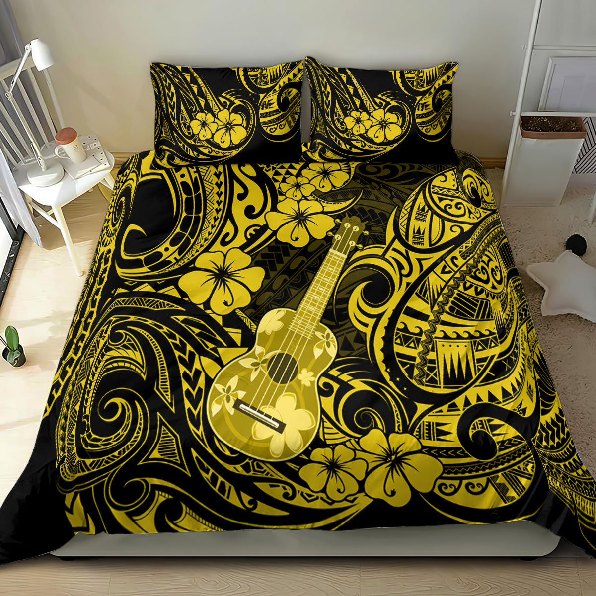 Yellow and black Polynesian bedding set with guitar motif, hibiscus flowers, and curls.