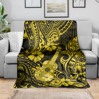 Polynesian ukulele blanket with yellow hibiscus and guitar print on dark background