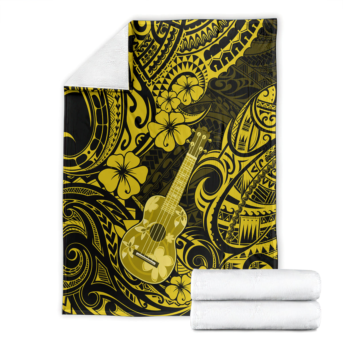 Polynesian ukulele blanket with yellow hibiscus and ukulele pattern, folded with towels