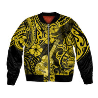 Yellow unisex bomber jacket with black sleeves, full-zip, and Polynesian guitar floral print