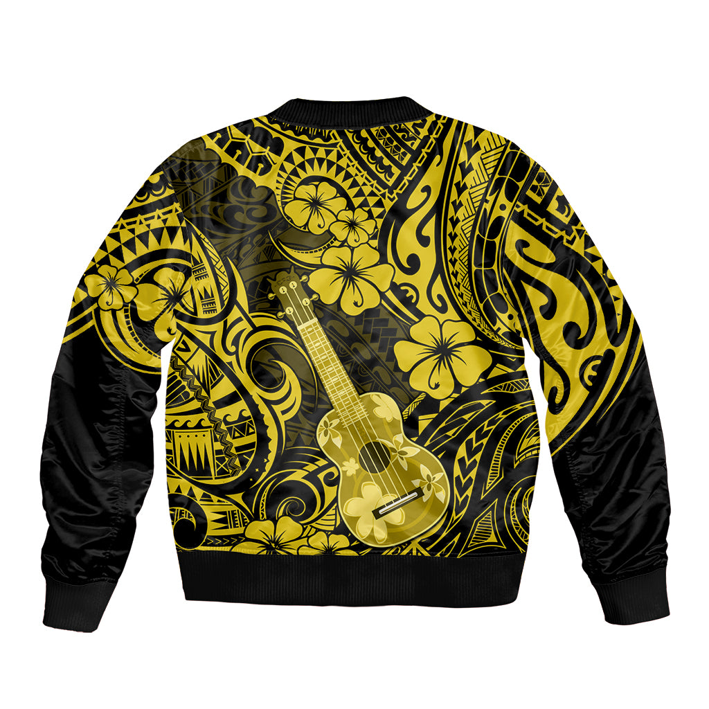 Yellow unisex bomber jacket with black sleeves, ribbed hem, guitar and wave Polynesian print