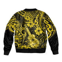 Yellow unisex bomber jacket with black sleeves, ribbed hem, guitar and wave Polynesian print