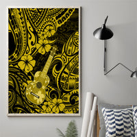 Framed canvas wall art: yellow ukulele and tribal swirls with floral accents