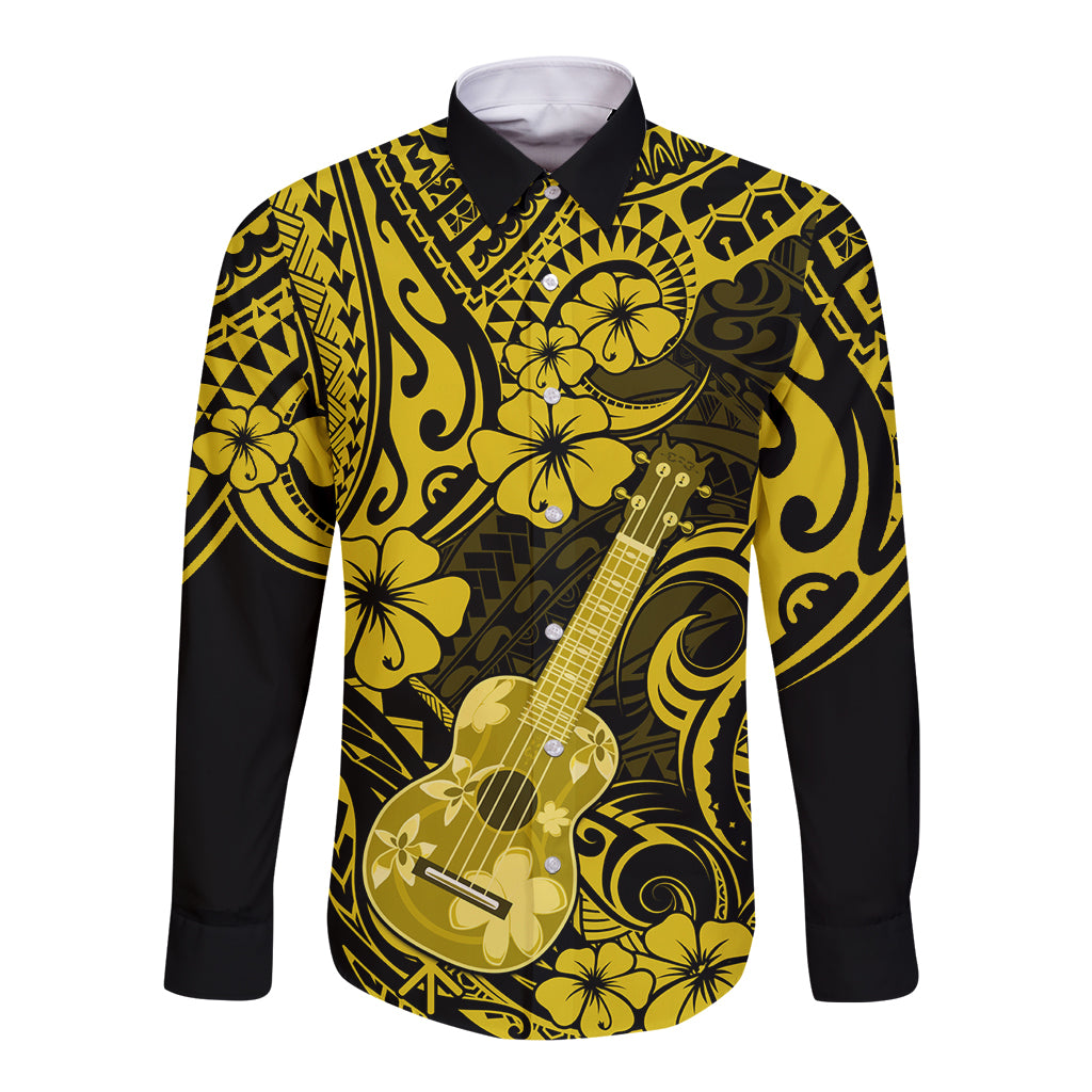 Yellow/black long-sleeve button shirt with guitar and floral Polynesian pattern