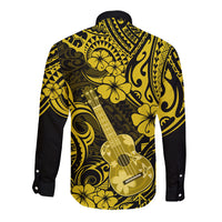 Yellow/black long-sleeve button shirt with guitar and floral Polynesian pattern, back