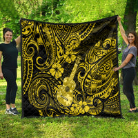 Yellow and black polynesian quilt blanket featuring a ukulele and ornate scroll pattern
