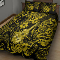 Yellow and black Polynesian ukulele quilt with bold swirl and flower pattern, corner pillow