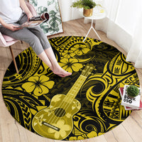 Round yellow and black Polynesian ukulele patterned carpet rug with floral swirls
