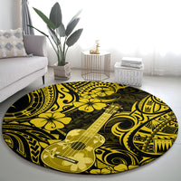 Round yellow and black ukulele Polynesian patterned carpet rug with bold swirls