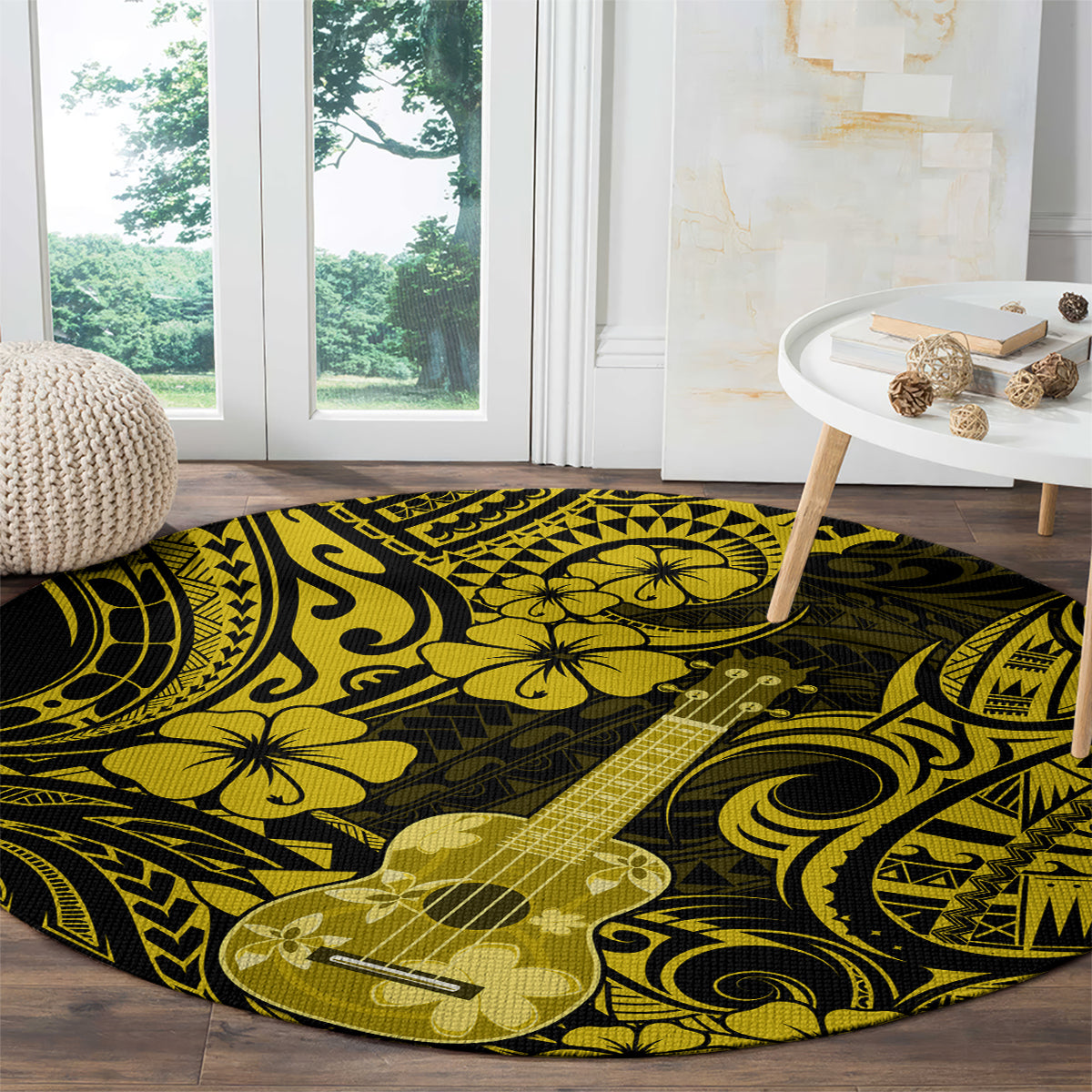 Large round yellow and black Polynesian ukulele patterned carpet rug