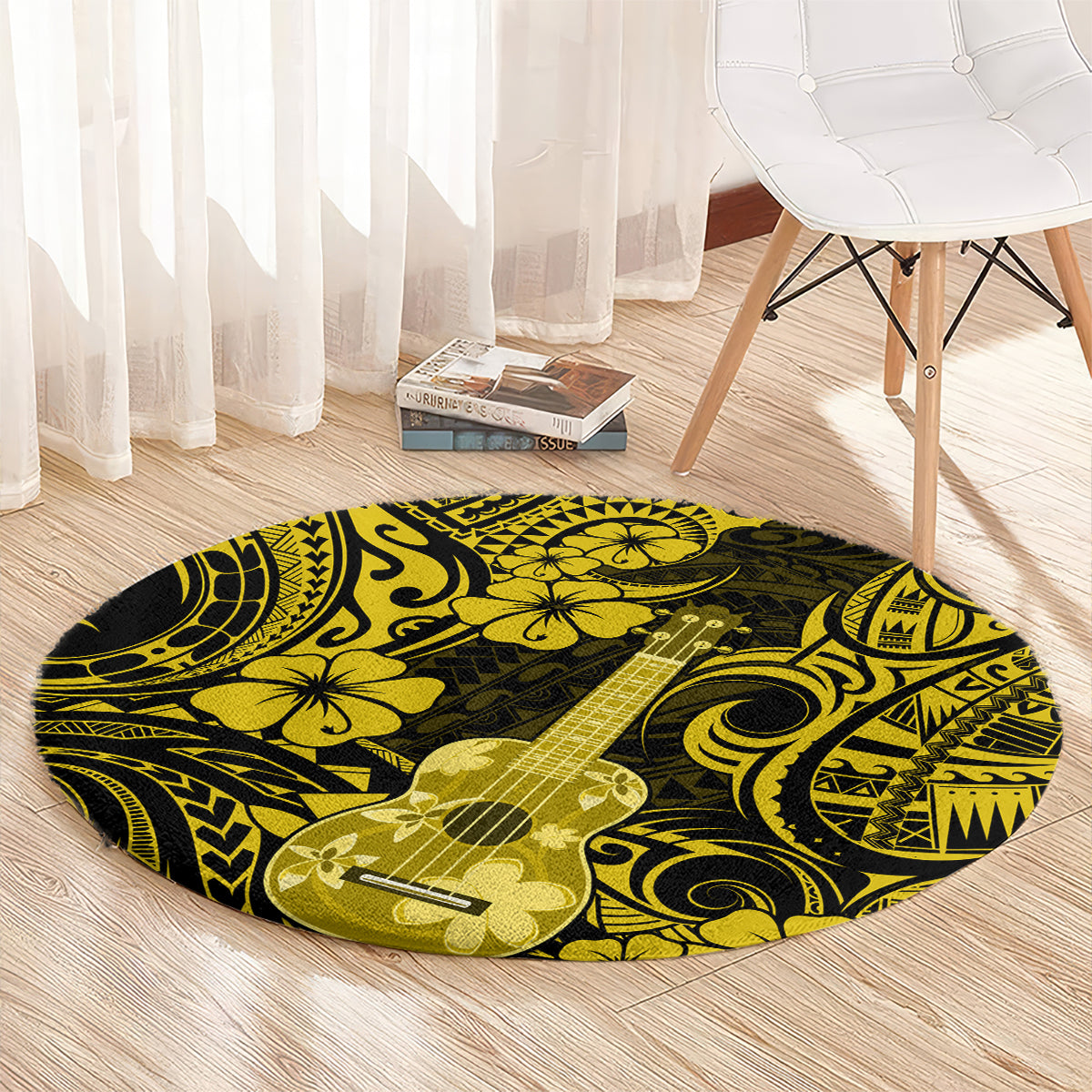 Round yellow and black Polynesian ukulele patterned carpet rug on hardwood