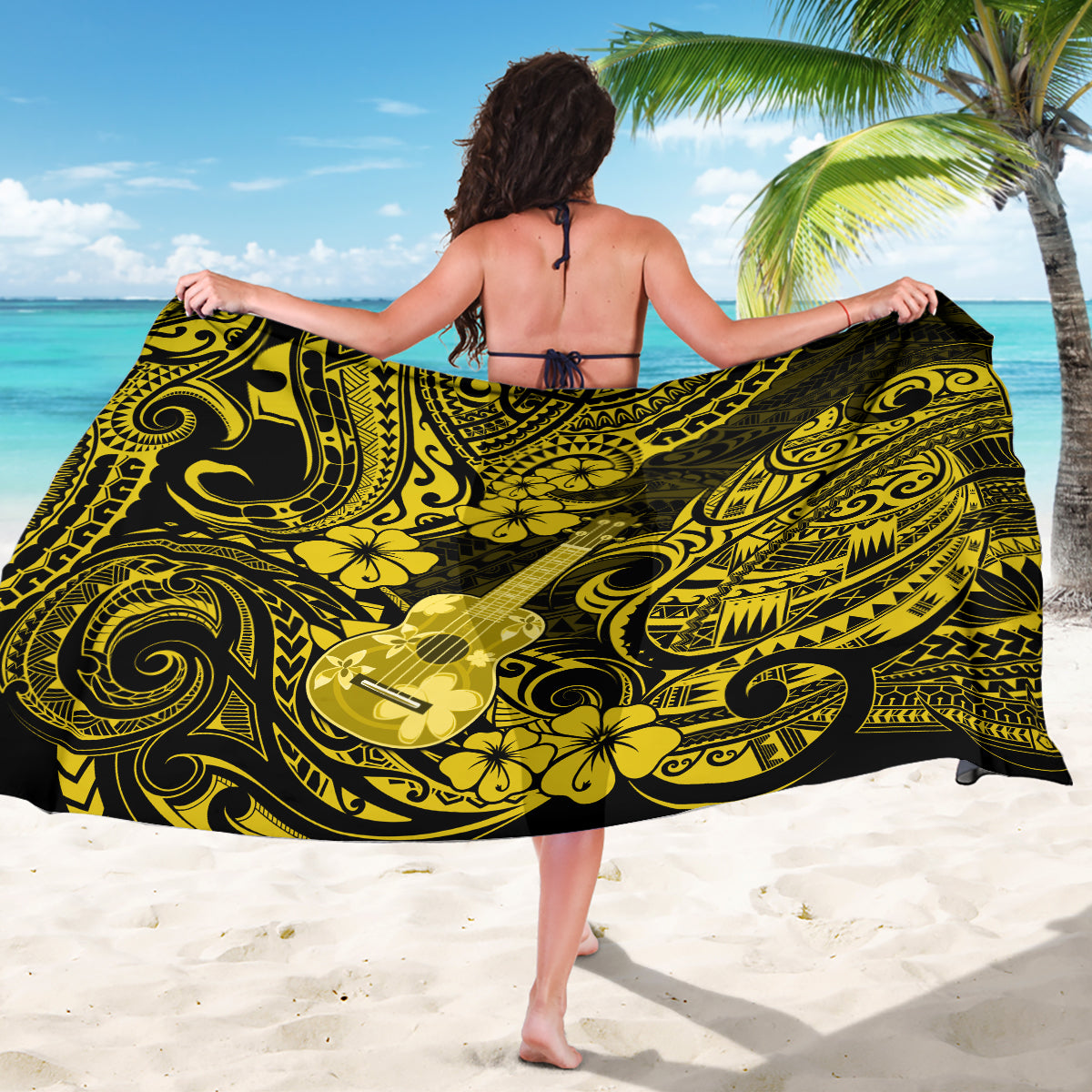 Yellow and black polynesian ukulele sarong draped around the body