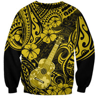 Unisex yellow-and-black sweatshirt with Polynesian guitar, hibiscus, and tribal swirl print