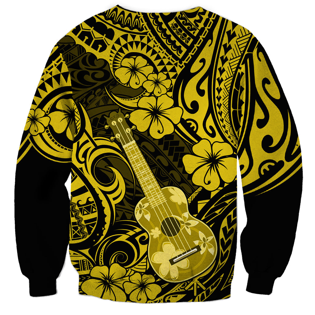 Unisex yellow-and-black sweatshirt featuring centered guitar and Polynesian tribal motifs allover