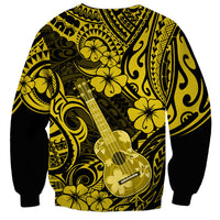 Unisex yellow-and-black sweatshirt featuring centered guitar and Polynesian tribal motifs allover