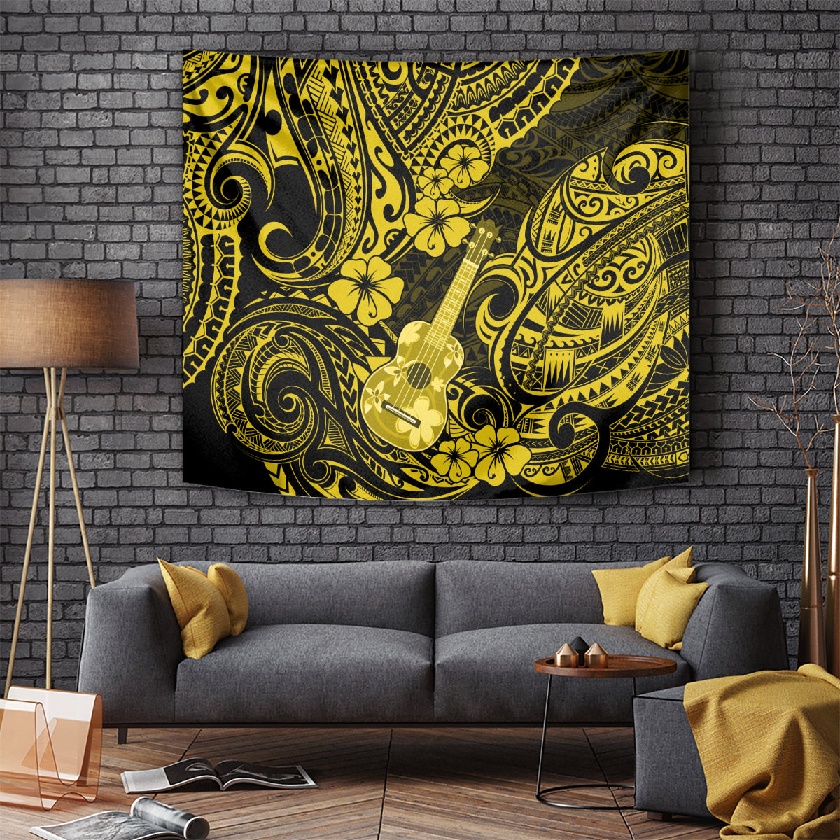 hawaii-ukulele-tapestry-polynesian-pattern-yellow-version