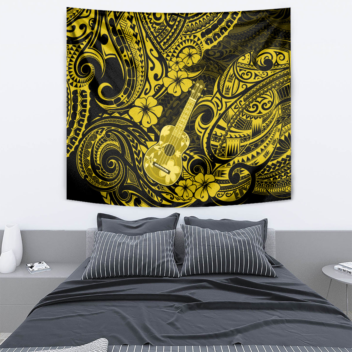 Yellow and black guitar Polynesian tapestry hanging above a bed