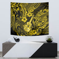 Polynesian guitar wall tapestry in yellow and black with floral swirl details