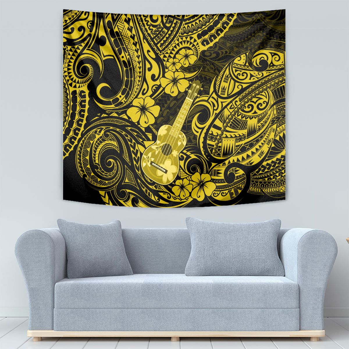 Yellow and black Polynesian guitar tapestry wall decor with ornate swirls