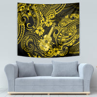 Yellow and black Polynesian guitar tapestry wall decor with ornate swirls